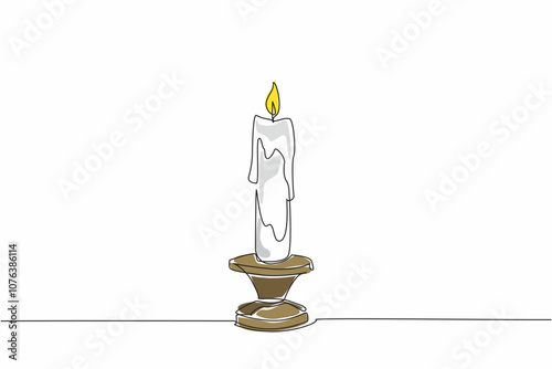 Single continuous line drawing a lit candle in a candlestick. The melting wax. Tradition and stability. Illuminating the darkness. Guidance. World Candle Day. One line design vector illustration