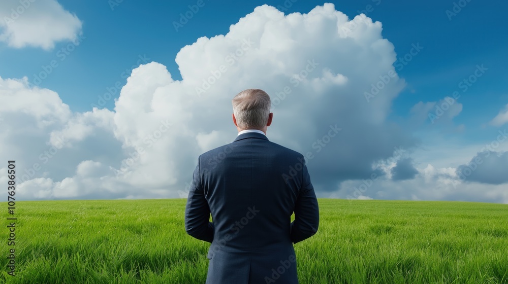 figure of a businessman dressed in a suit stands in a vibrant green field, looking upward at large, puffy clouds against a backdrop of bright blue sky, reflecting on possibilities figure of a businessman dressed in a suit stands in a vibrant green field, looking upward at large, puffy clouds against a backdrop of bright blue sky, reflecting on possibilities