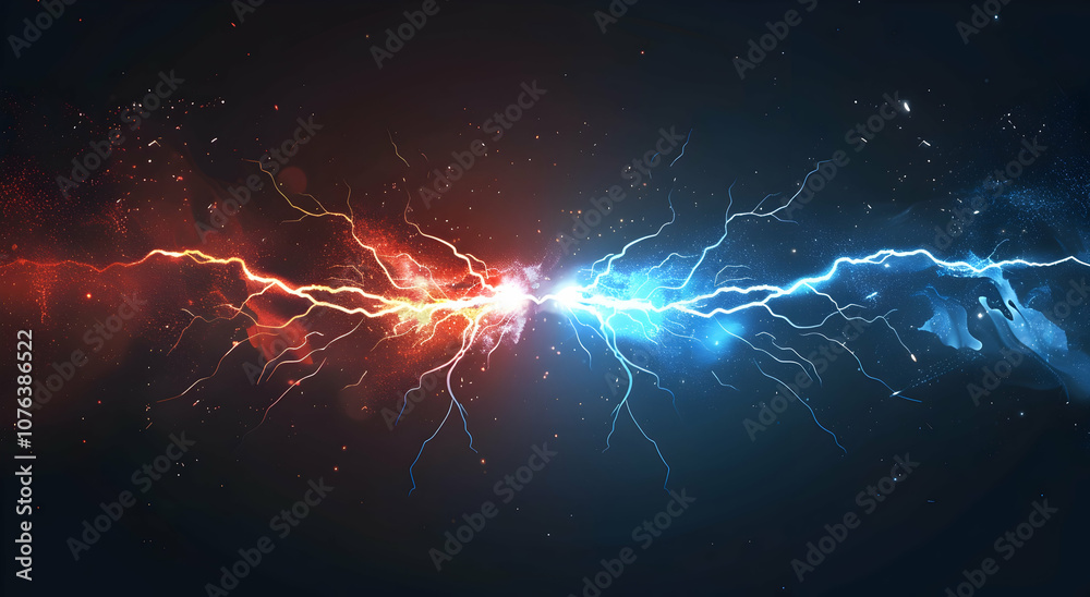 A vector illustration of an electric spark between two shapes, one red and the other blue, with glowing effects on a dark background. A vector illustration of an electric spark between two shapes, one red and the other blue, with glowing effects on a dark background.