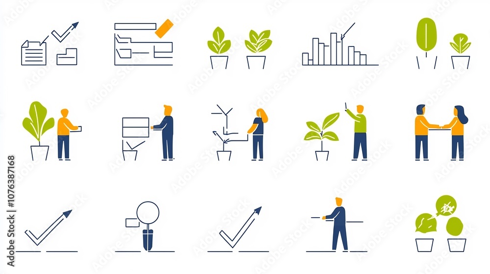 Set of 15 minimalist icons representing an action plan with checklist implementation steps and analysis symbols Designed for business project management and workflow diagrams Set of 15 minimalist icons representing an action plan with checklist implementation steps and analysis symbols Designed for business project management and workflow diagrams
