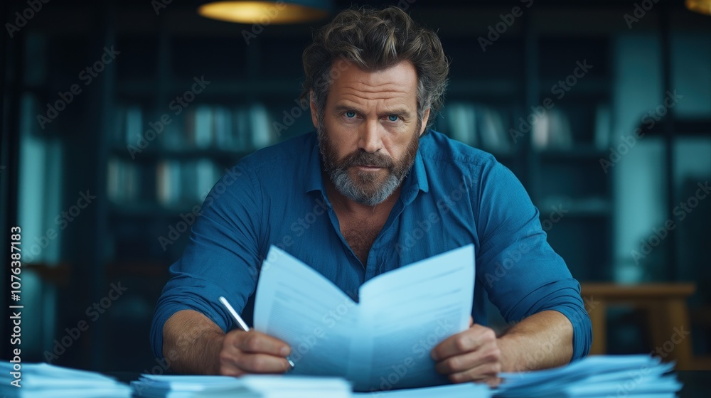 focused man with a beard sits at a table, studying documents. Surrounded by stacks of paper, he takes notes and reflects in a well-lit office filled with shelves of books focused man with a beard sits at a table, studying documents. Surrounded by stacks of paper, he takes notes and reflects in a well-lit office filled with shelves of books