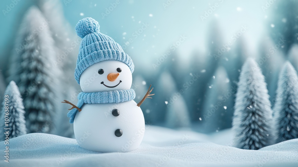 Obraz premium Cute snowman winter poster, white and blue gradient background color, coniferous forest in the foreground, three-dimensional shape, 3D rendering effect