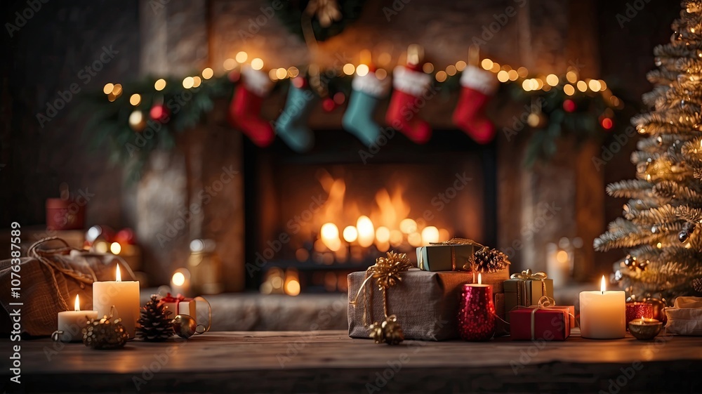 christmas scene by the fireplace with bokeh christmas scene by the fireplace with bokeh