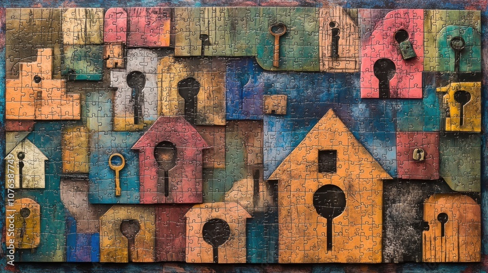 Abstract locks and keys puzzle board featuring colorful house shapes on a textured background Abstract locks and keys puzzle board featuring colorful house shapes on a textured background