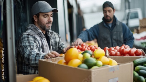Workers load fresh produce boxes into delivery truck for market transport in agricultural setting