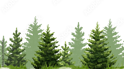 Seamless pattern with fir forest. Green woodland. Hand drawn border, perfect for card or print design