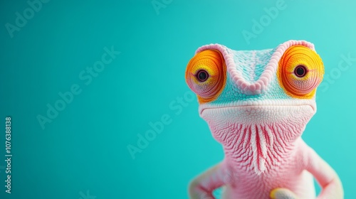 Colorful lizard with a pink face and yellow eyes is looking at the camera. The lizard is posed in a way that makes it appear as if it is looking at the viewer. The bright colors of the lizard photo