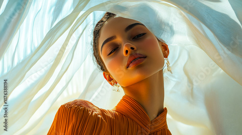 Model in Sculptural Fashion Pose, Minimalist Background and Lighting