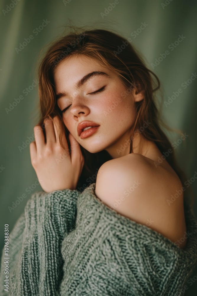 Young woman with serene expression wearing a comfortable knit sweater, conveying warmth and tranquility in moody lighting. Young woman with serene expression wearing a comfortable knit sweater, conveying warmth and tranquility in moody lighting.