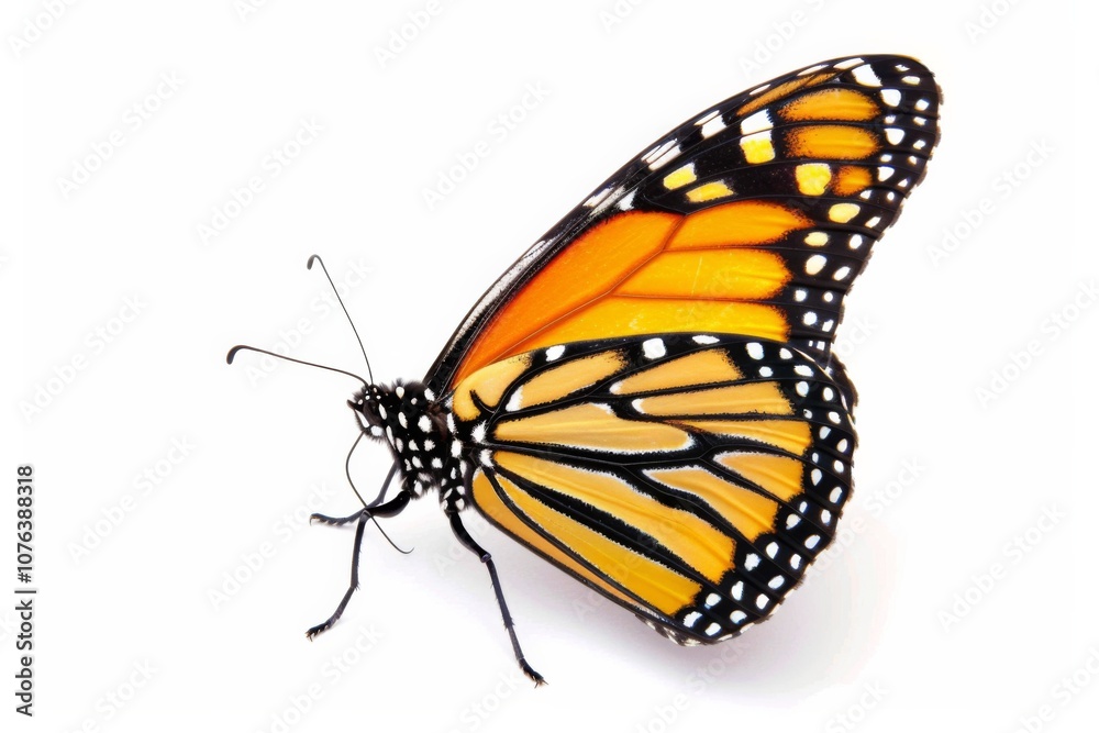 Fototapeta premium This stunning monarch butterfly displays its intricate orange and black wing patterns, symbolizing transformation and elegance. It captures attention in its serene isolation.