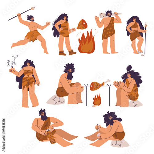 Primitive People Character and Caveman in Loincloth Vector Set