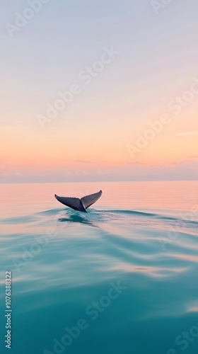 A whale's tail gracefully emerges from calm ocean waters against a stunning pastel sunset sky, symbolizing nature's beauty.