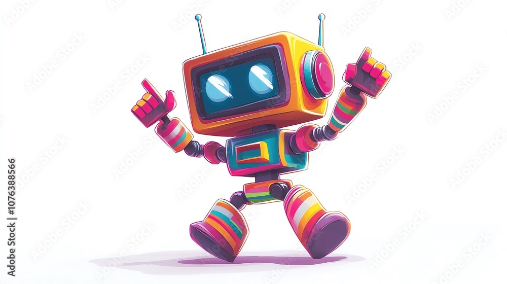 a 2D cartoon illustration of a colorful toy robot dancing, fun and playful, white background--ar 16:9 a 2D cartoon illustration of a colorful toy robot dancing, fun and playful, white background--ar 16:9