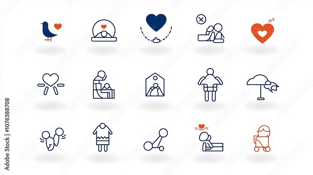 Fototapeta premium Set of minimalistic linear icons depicting various elements of family connections including symbols for family love baby care and bonds in a simple style