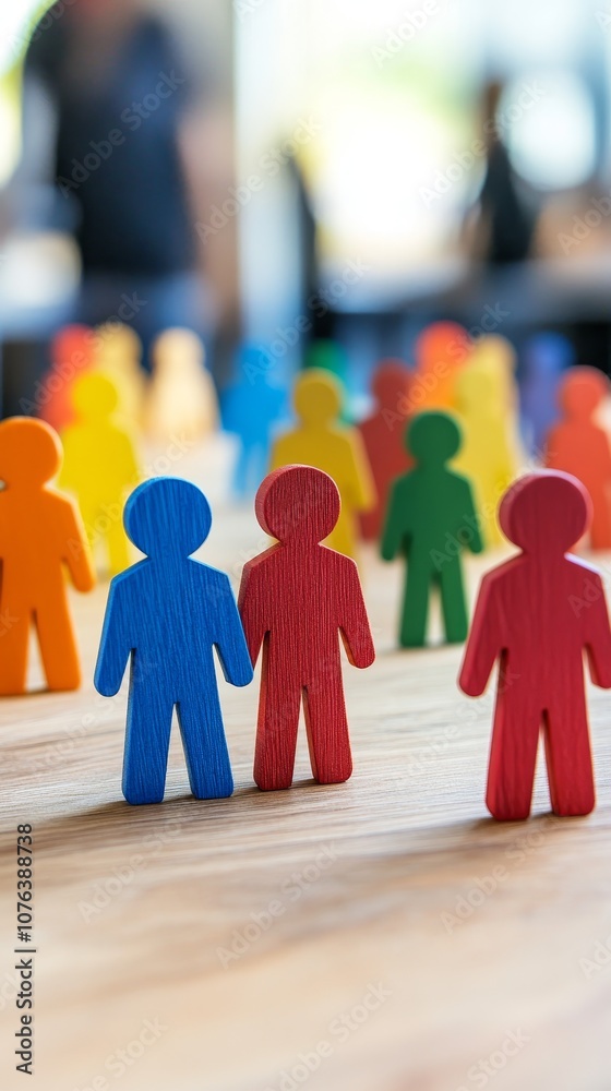 Diverse wooden figures in an office setting symbolize teamwork, diversity, and collaboration in a professional environment. Diverse wooden figures in an office setting symbolize teamwork, diversity, and collaboration in a professional environment.
