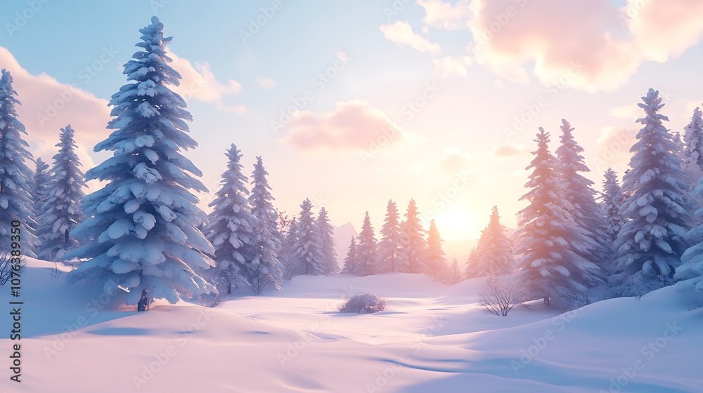 Snow-Covered Pine Trees in a Winter Forest at Sunset Snow-Covered Pine Trees in a Winter Forest at Sunset