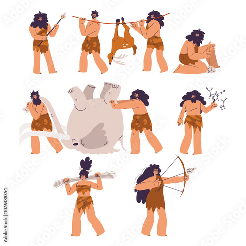 Primitive People Character and Caveman in Loincloth Vector Set
