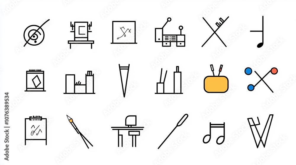 Set of 15 linear icons illustrating various art themes including symbols for creative spaces drawing tools and musical notes in a simple style Set of 15 linear icons illustrating various art themes including symbols for creative spaces drawing tools and musical notes in a simple style