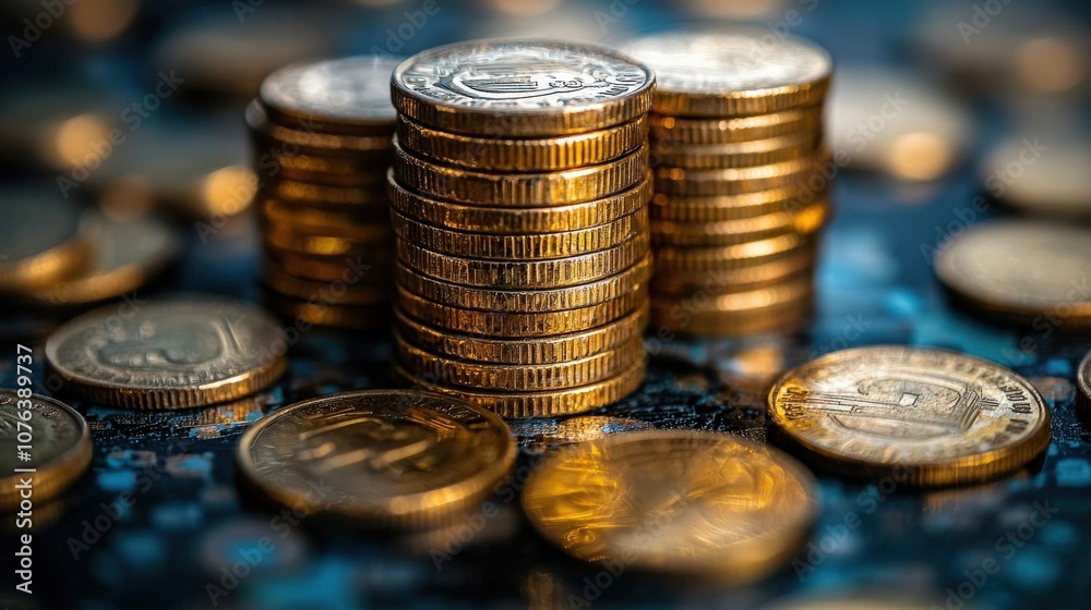 A close-up of shiny gold coins stacked in a pyramid among scattered coins, showcasing the value and allure of currency. A close-up of shiny gold coins stacked in a pyramid among scattered coins, showcasing the value and allure of currency.