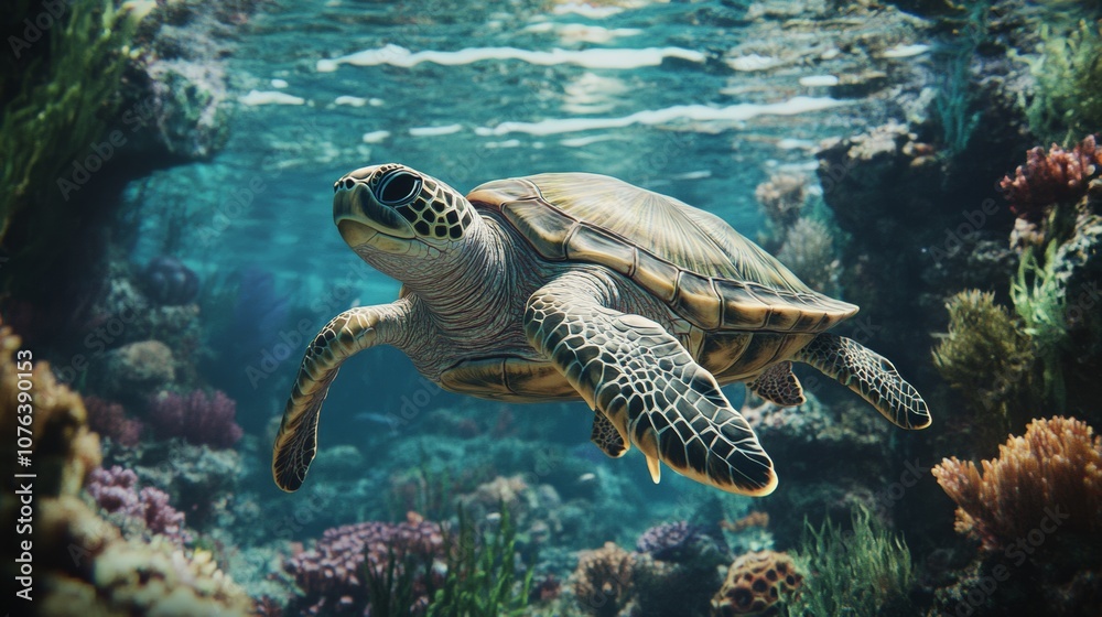 Obraz premium Graceful Sea Turtle Swimming in Vibrant Coral Reef