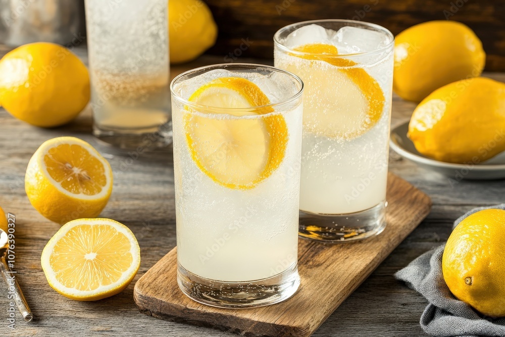 Refreshing lemonade served in glasses, garnished with lemon slices, surrounded by whole and halved lemons on a rustic wooden surface. Refreshing lemonade served in glasses, garnished with lemon slices, surrounded by whole and halved lemons on a rustic wooden surface.