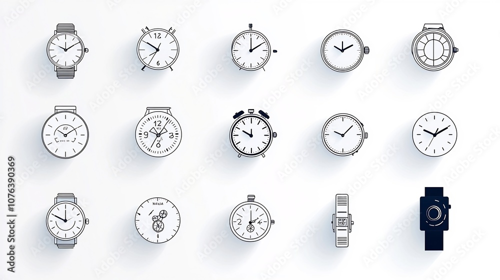 Minimalist Icon Set of 15 Time Related Symbols including Watch Time Lapse Alarm Clock and Other Time Management Concepts Minimalist Icon Set of 15 Time Related Symbols including Watch Time Lapse Alarm Clock and Other Time Management Concepts