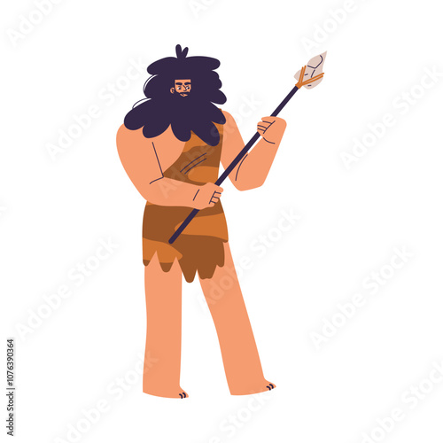 Primitive Man Character and Caveman in Loincloth Stand with Spear Vector Illustration