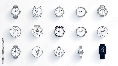 Minimalist Icon Set of 15 Time Related Symbols including Watch Time Lapse Alarm Clock and Other Time Management Concepts