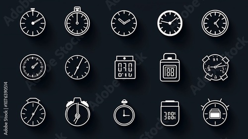 Collection of 15 minimalist outline icons representing various clock and timer symbols such as analog clock face digital countdown calendar schedule
