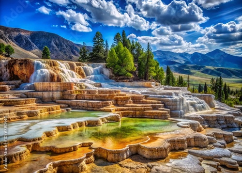 Breathtaking View of Mammoth Hot Springs Terraces Surrounded by Vibrant Nature in Yellowstone National Park, Showcasing Unique Mineral Deposits and Striking Colors photo