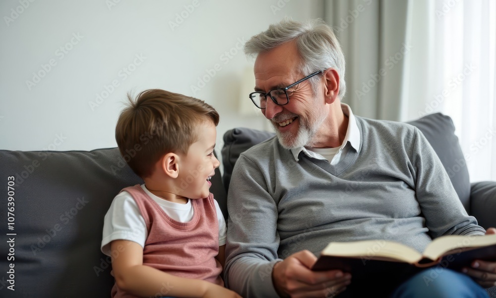 Elderly man and little boy are reading together on the couch. Man is holding an open book in his hands, he is reading to boy. Boy looks interested and attentive Elderly man and little boy are reading together on the couch. Man is holding an open book in his hands, he is reading to boy. Boy looks interested and attentive