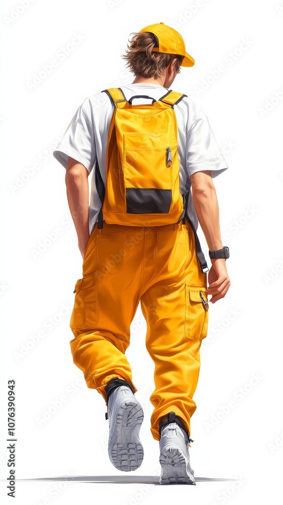 Young man wearing a yellow backpack and yellow pants is walking on a white background. He is in a casual, relaxed mood, as he is not wearing any formal attire Young man wearing a yellow backpack and yellow pants is walking on a white background. He is in a casual, relaxed mood, as he is not wearing any formal attire
