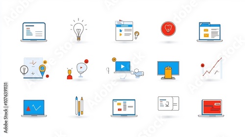 Collection of linear icons representing virtual training interactive webinars online assessments and self paced learning experiences for digital education and skill development