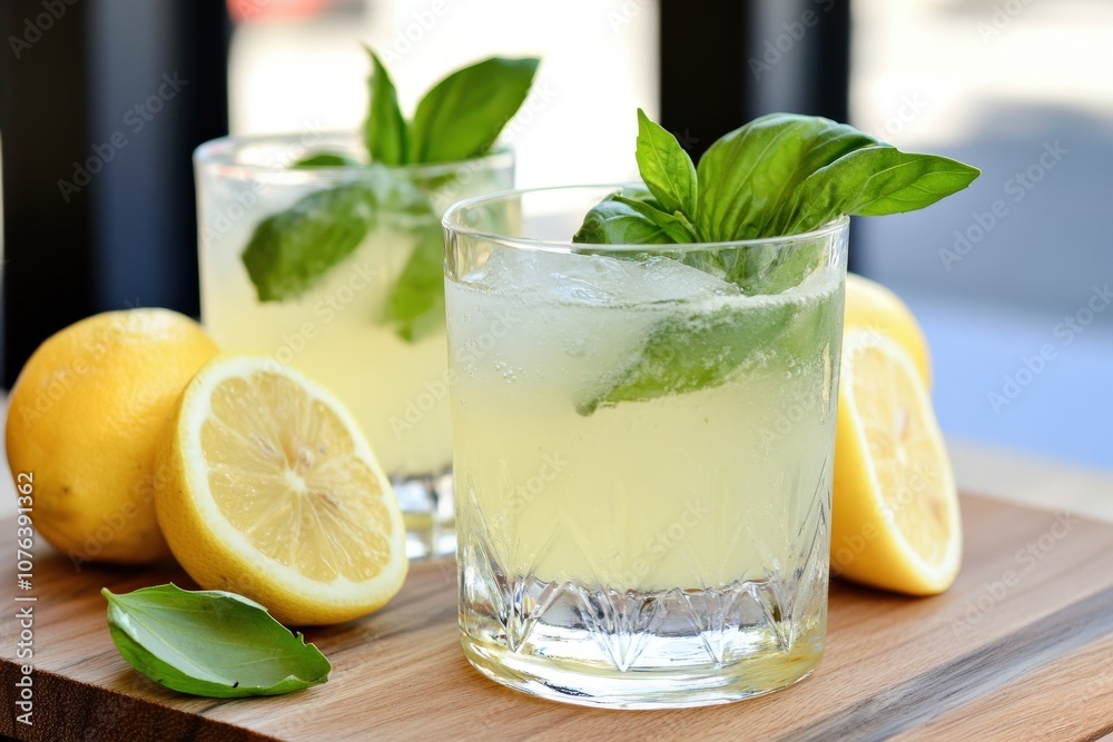 Refreshing lemon cocktails garnished with mint, served in crystal glasses alongside fresh lemons on a wooden surface.