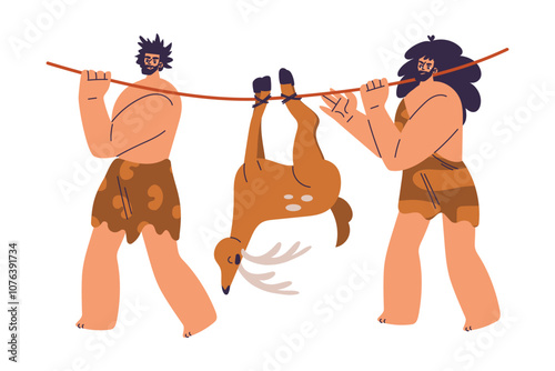 Primitive Man Character and Caveman in Loincloth Carry Deer Vector Illustration