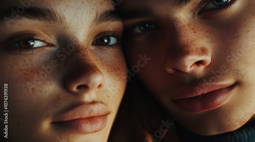 Close-up of two individuals sharing a meaningful gaze, their expressions reflecting empathy and connection, with soft focus on their facial features, conveying comfort and understanding in a serene mo