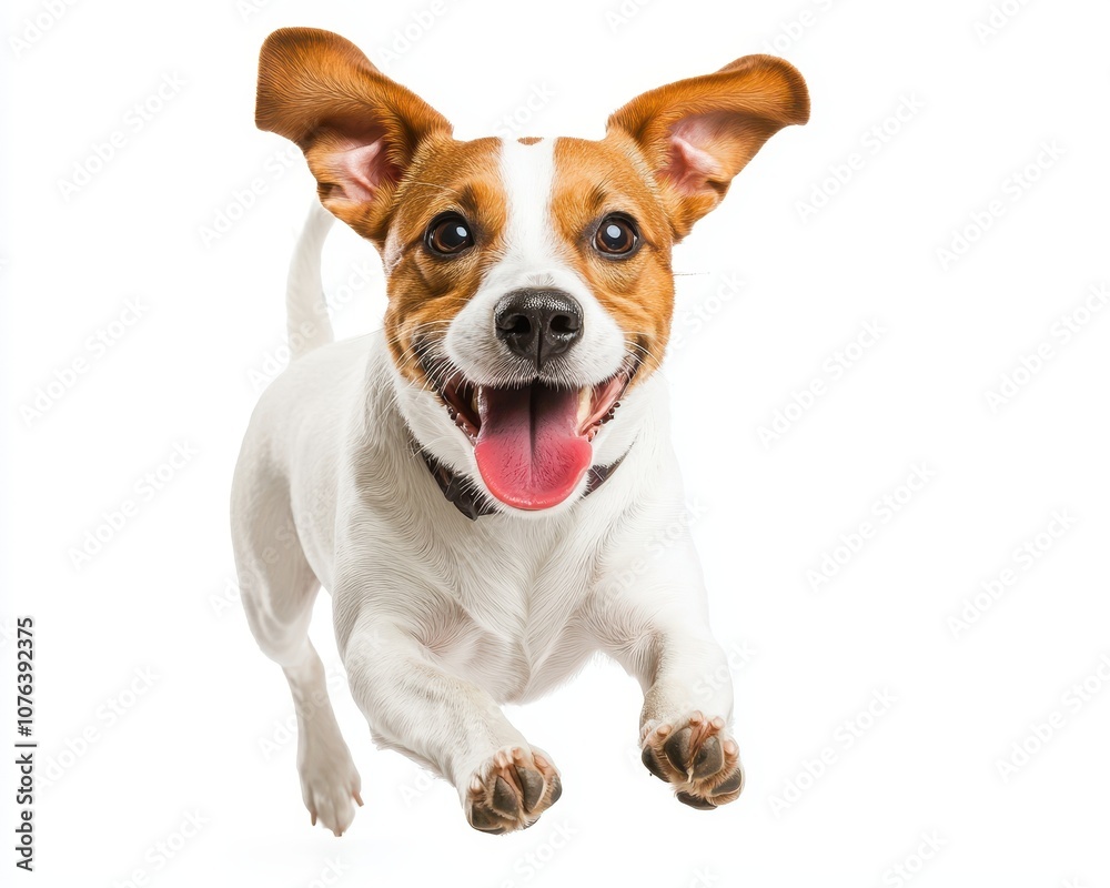 Happy dog jumps with joy, showcasing excitement and energy, isolated on white background.
