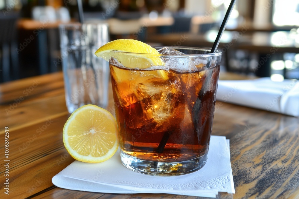 A refreshing drink with ice, lemon, and a black straw sits on a wooden table, suggesting a casual dining experience. A refreshing drink with ice, lemon, and a black straw sits on a wooden table, suggesting a casual dining experience.