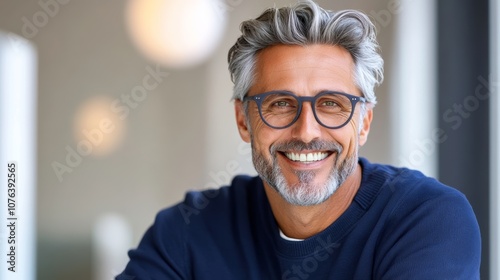 Man with glasses is smiling and wearing a blue sweater. He looks happy and confident. Concept of warmth and positivity