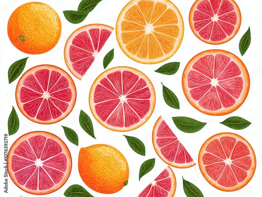 A vibrant arrangement of sliced citrus fruits including oranges and grapefruits, decorated with green leaves. A vibrant arrangement of sliced citrus fruits including oranges and grapefruits, decorated with green leaves.