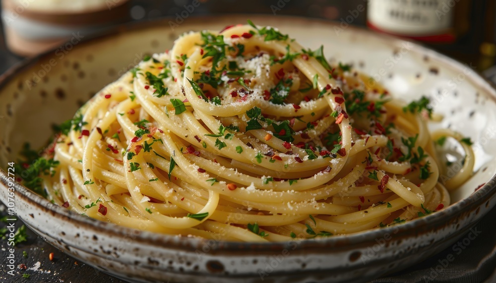 Fototapeta premium A Close-Up View of a Plate of Spaghetti with Parsley and Red Pepper Flakes
