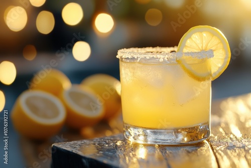 A refreshing cocktail with lemon garnish and a salt rim, set against a blurred background, evoking a vibrant, summery vibe.