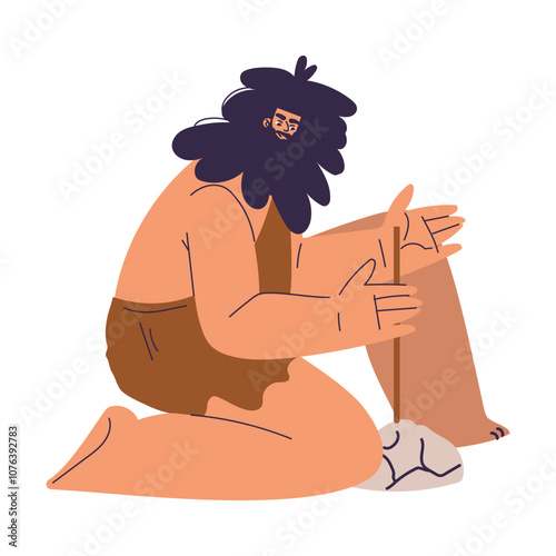 Primitive Man Character and Caveman in Loincloth Make Fire with Stone Vector Illustration