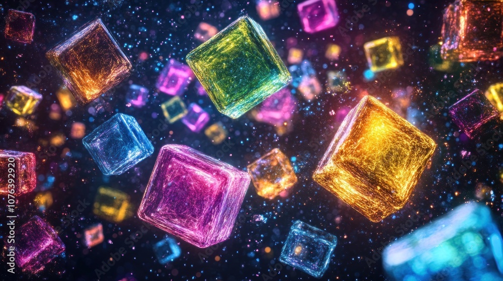 Abstract Cosmic Cubes with Glowing Particles Abstract Cosmic Cubes with Glowing Particles