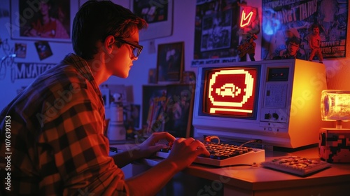 A young person engaged with a vintage computer, surrounded by neon lights and retro decor, creating a nostalgic atmosphere.