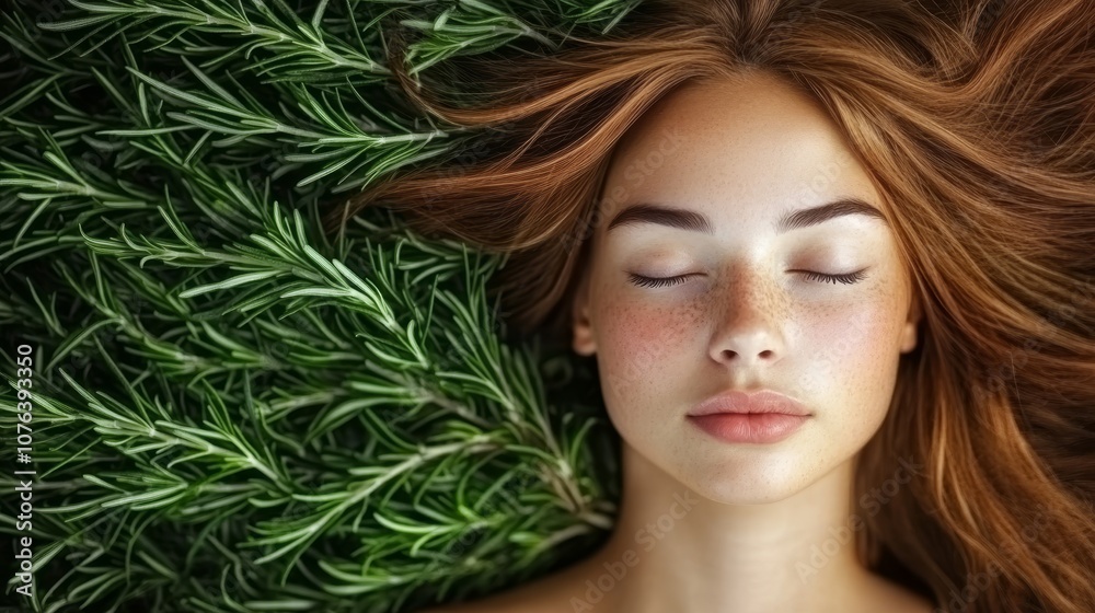 Peaceful young woman with closed eyes lying on fresh, green rosemary, conveys natural beauty and tranquility. Peaceful young woman with closed eyes lying on fresh, green rosemary, conveys natural beauty and tranquility.