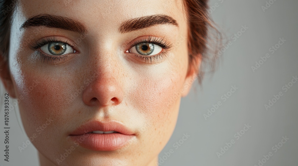 Fototapeta premium Detailed portrait showcasing natural beauty, focusing on clear skin, freckles, and expressive eyes with a soft, neutral background.