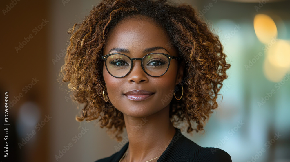confident woman with curly hair and glasses smiles warmly in professional setting confident woman with curly hair and glasses smiles warmly in professional setting
