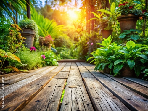 Candid Photography of Old Hardwood Decking Surrounded by Lush Garden Plants Showcasing Nature's Beauty in a Tranquil Outdoor Setting