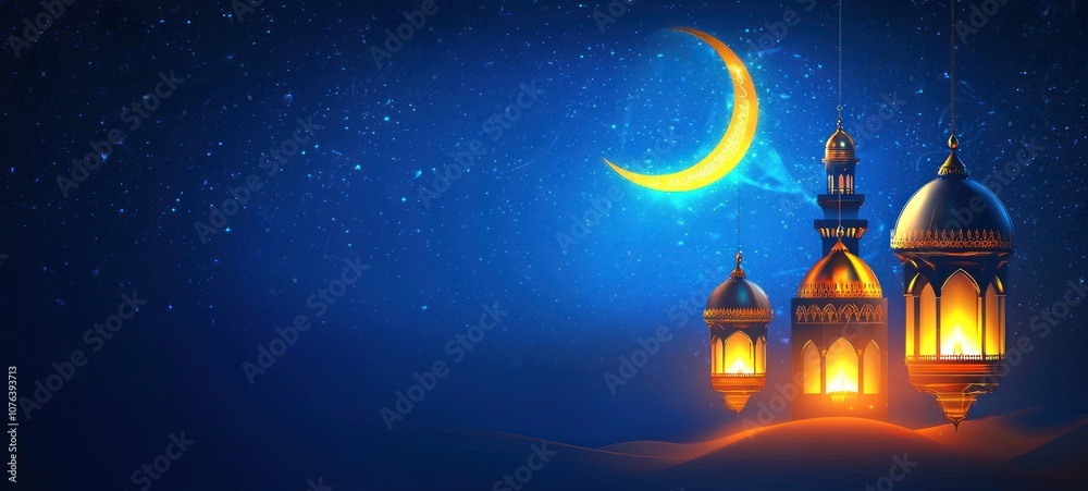 Fototapeta premium illustration of a glowing lantern and mosque against a night sky with a crescent moon background, Ramdan kareem banner design, with space for text or product display.